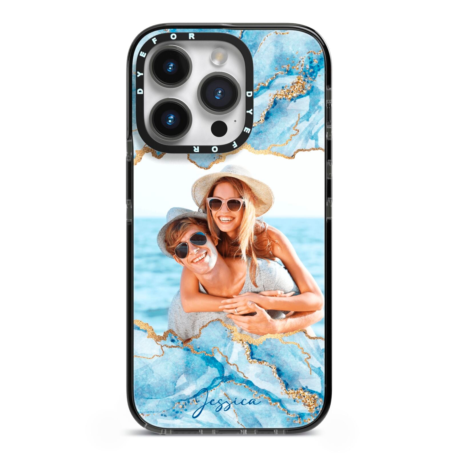 Personalised Photo Marble iPhone 14 Pro Black Impact Case on Silver phone