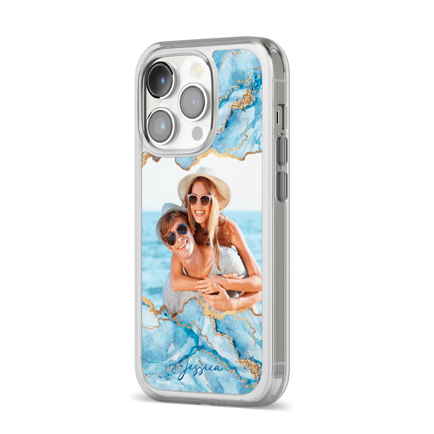 Personalised Photo Marble iPhone 14 Pro Clear Tough Case Silver Angled Image