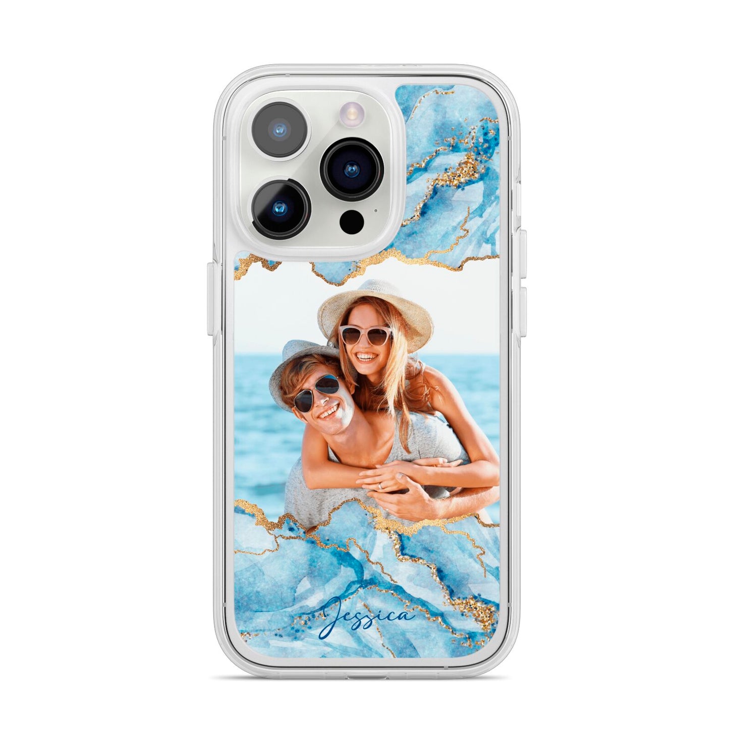 Personalised Photo Marble iPhone 14 Pro Clear Tough Case Silver
