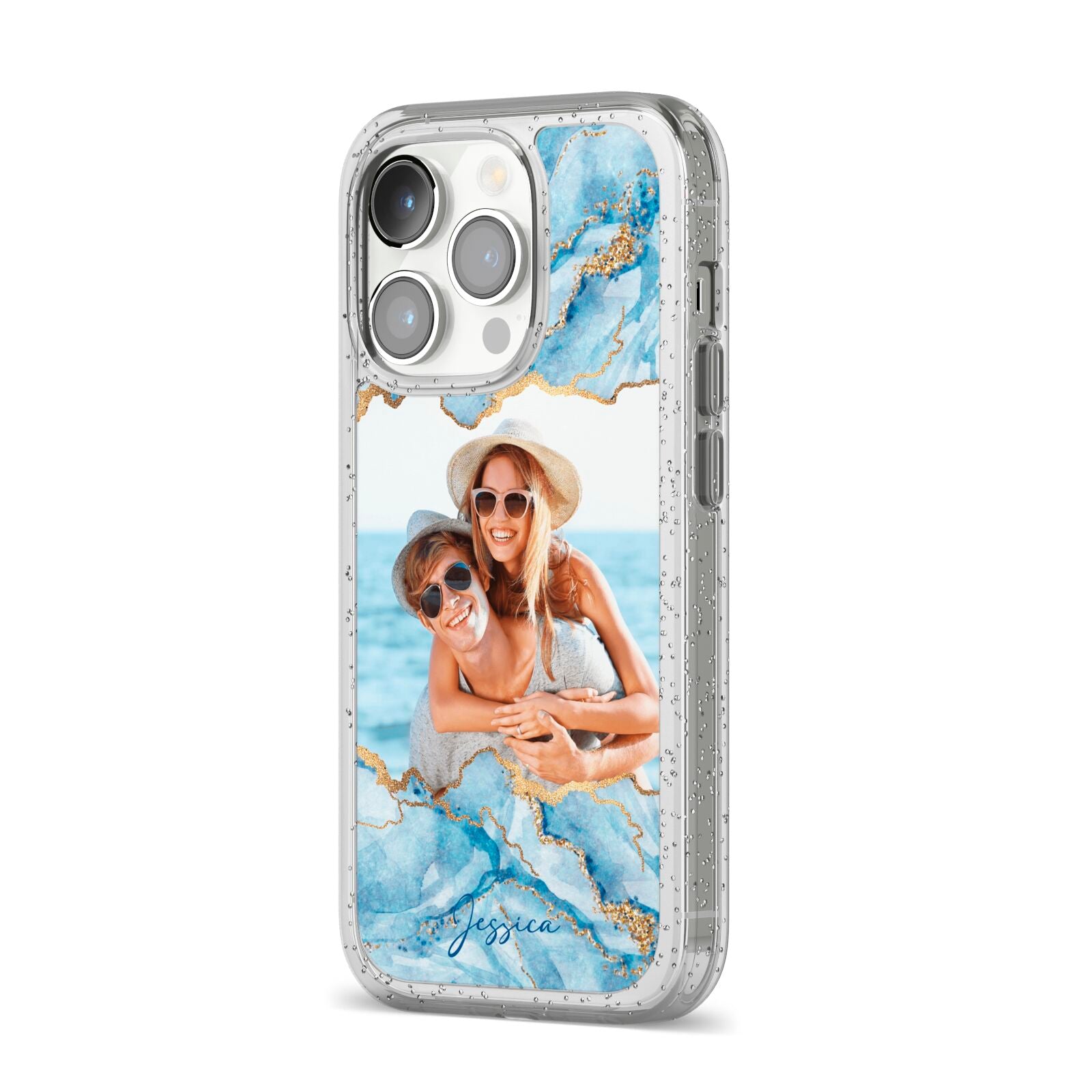 Personalised Photo Marble iPhone 14 Pro Glitter Tough Case Silver Angled Image