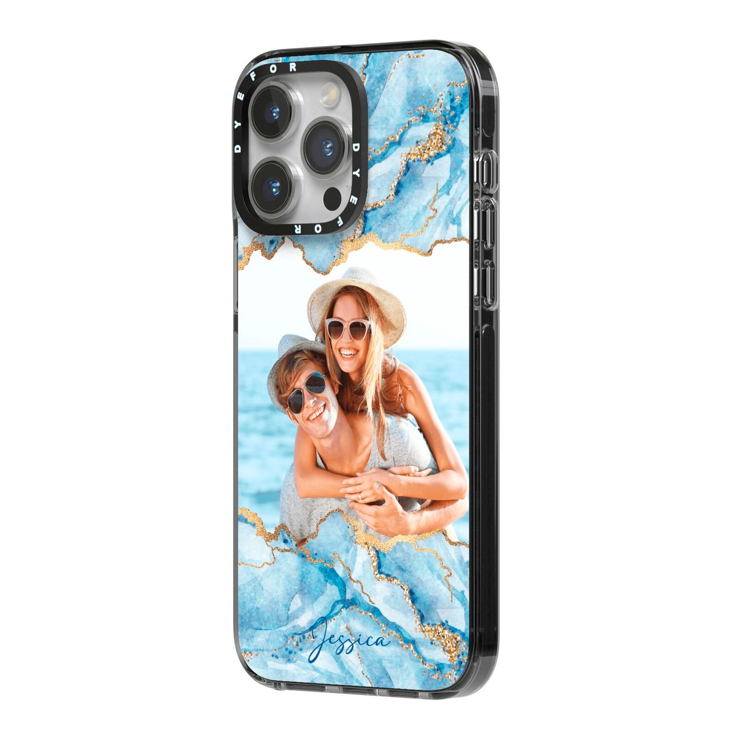 Personalised Photo Marble iPhone 14 Pro Max Black Impact Case Side Angle on Silver phone