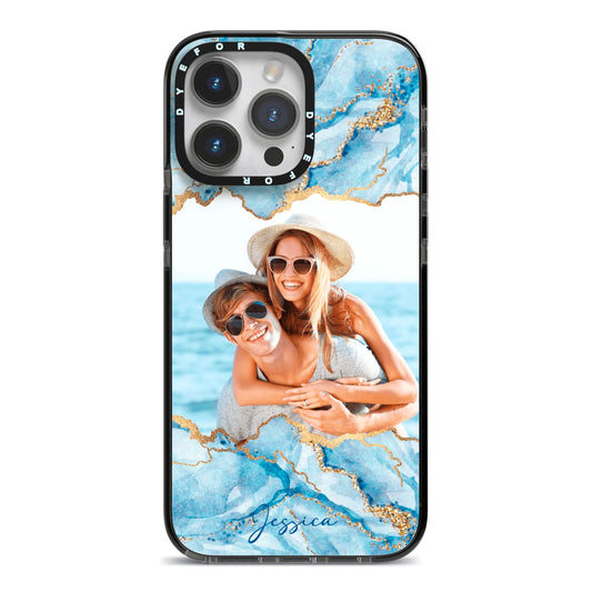 Personalised Photo Marble iPhone 14 Pro Max Black Impact Case on Silver phone