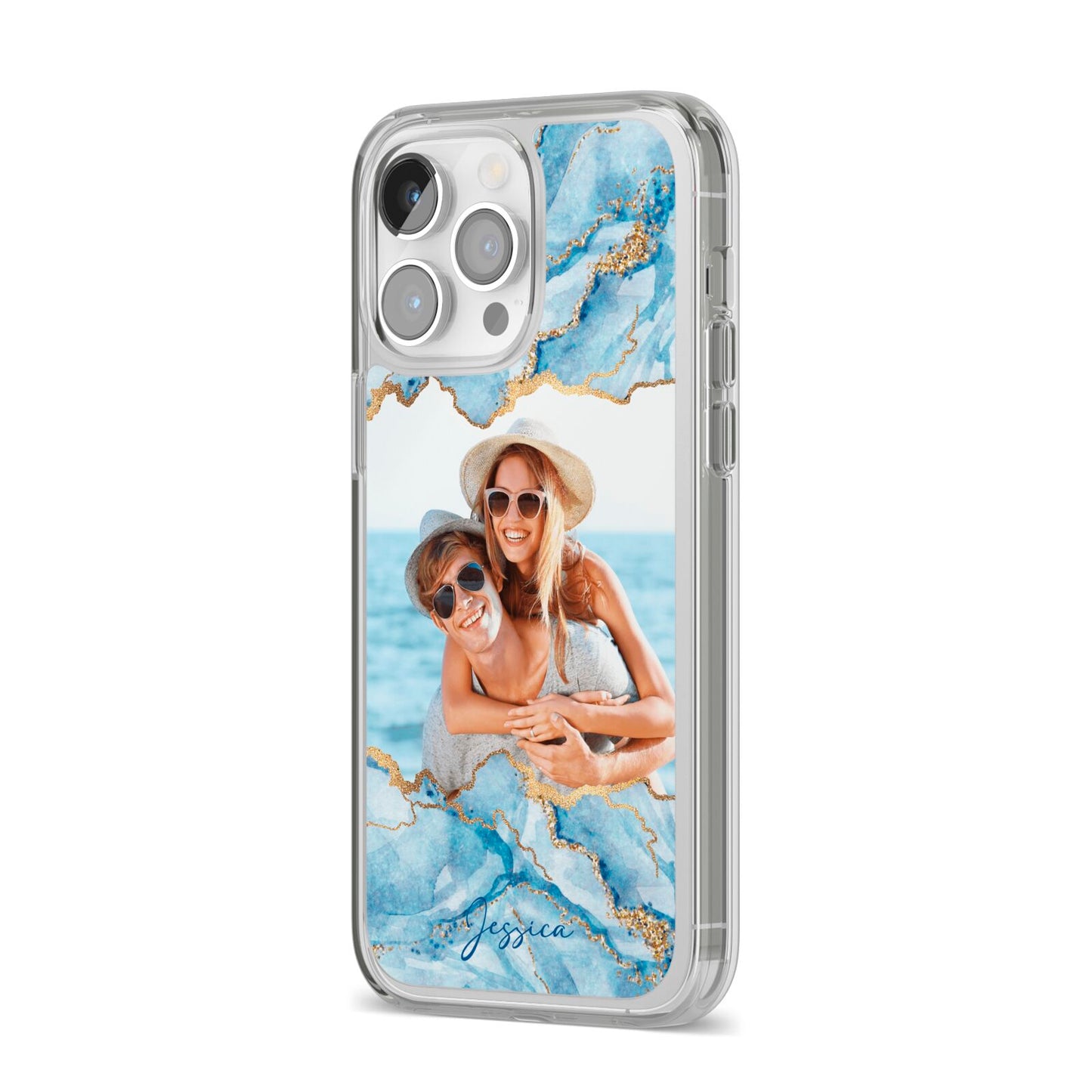 Personalised Photo Marble iPhone 14 Pro Max Clear Tough Case Silver Angled Image