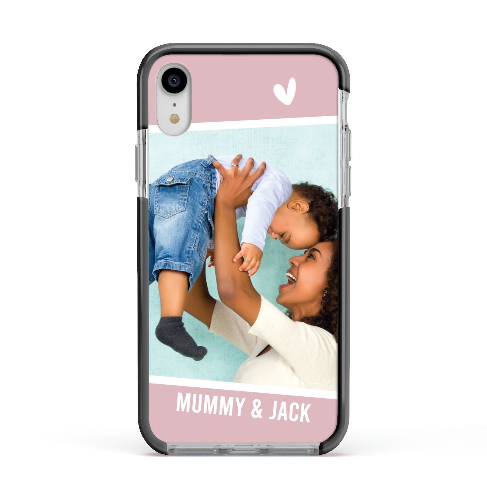 Personalised Photo Mummy and Child Apple iPhone XR Impact Case Black Edge on Silver Phone