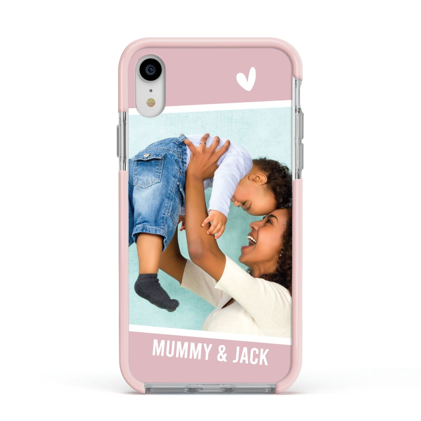 Personalised Photo Mummy and Child Apple iPhone XR Impact Case Pink Edge on Silver Phone