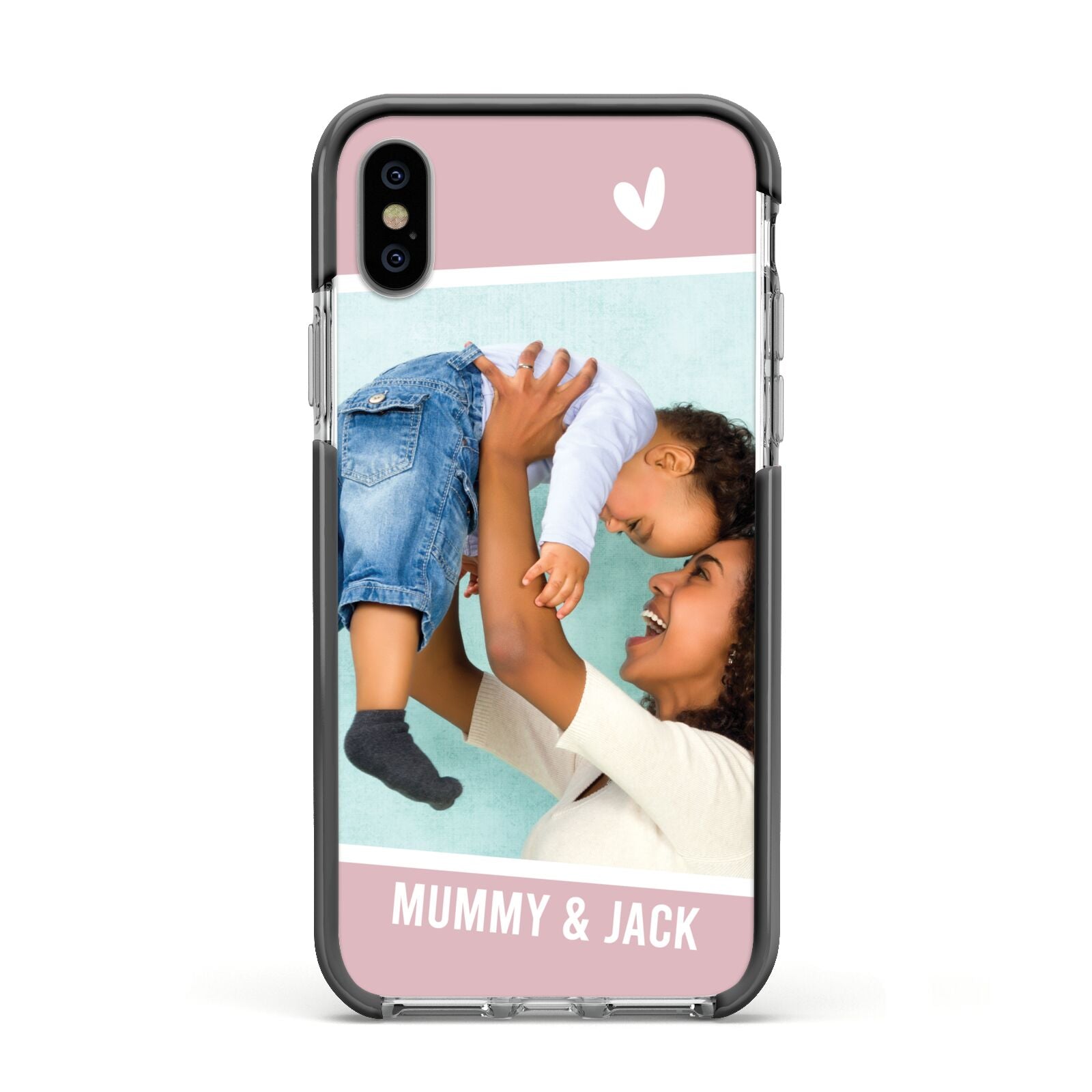 Personalised Photo Mummy and Child Apple iPhone Xs Impact Case Black Edge on Silver Phone