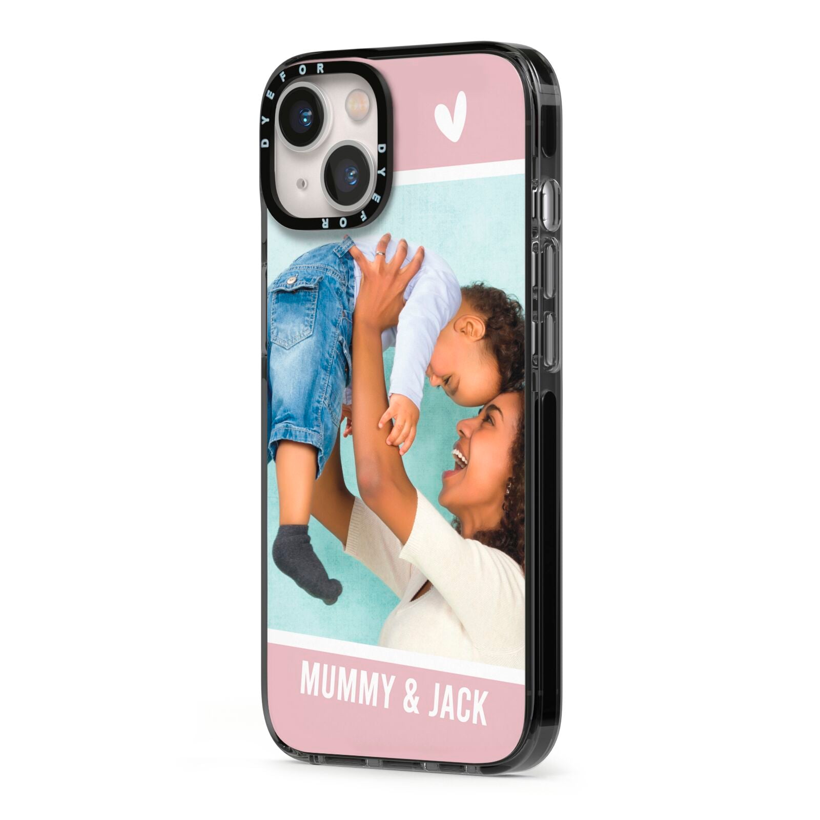 Personalised Photo Mummy and Child iPhone 13 Black Impact Case Side Angle on Silver phone
