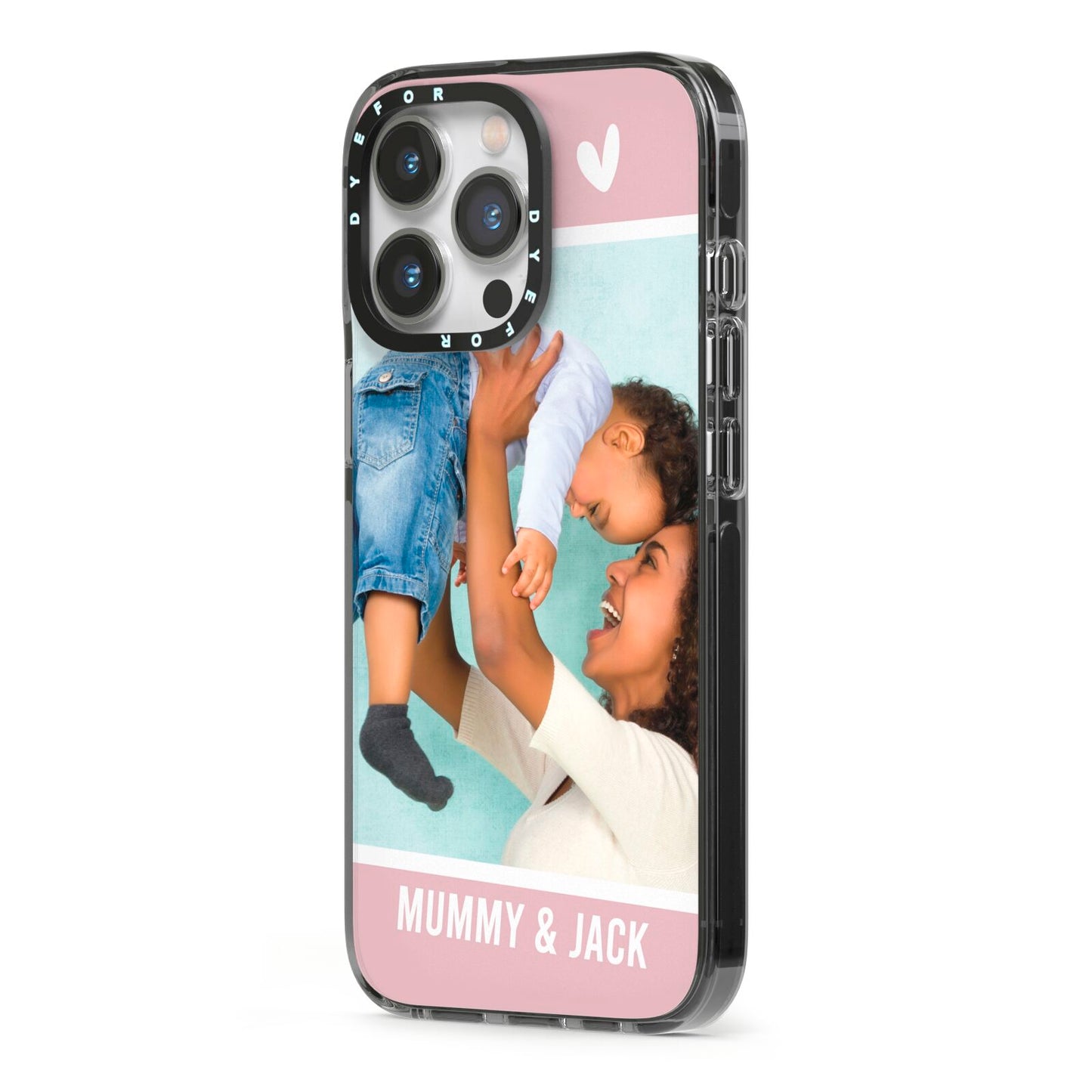 Personalised Photo Mummy and Child iPhone 13 Pro Black Impact Case Side Angle on Silver phone