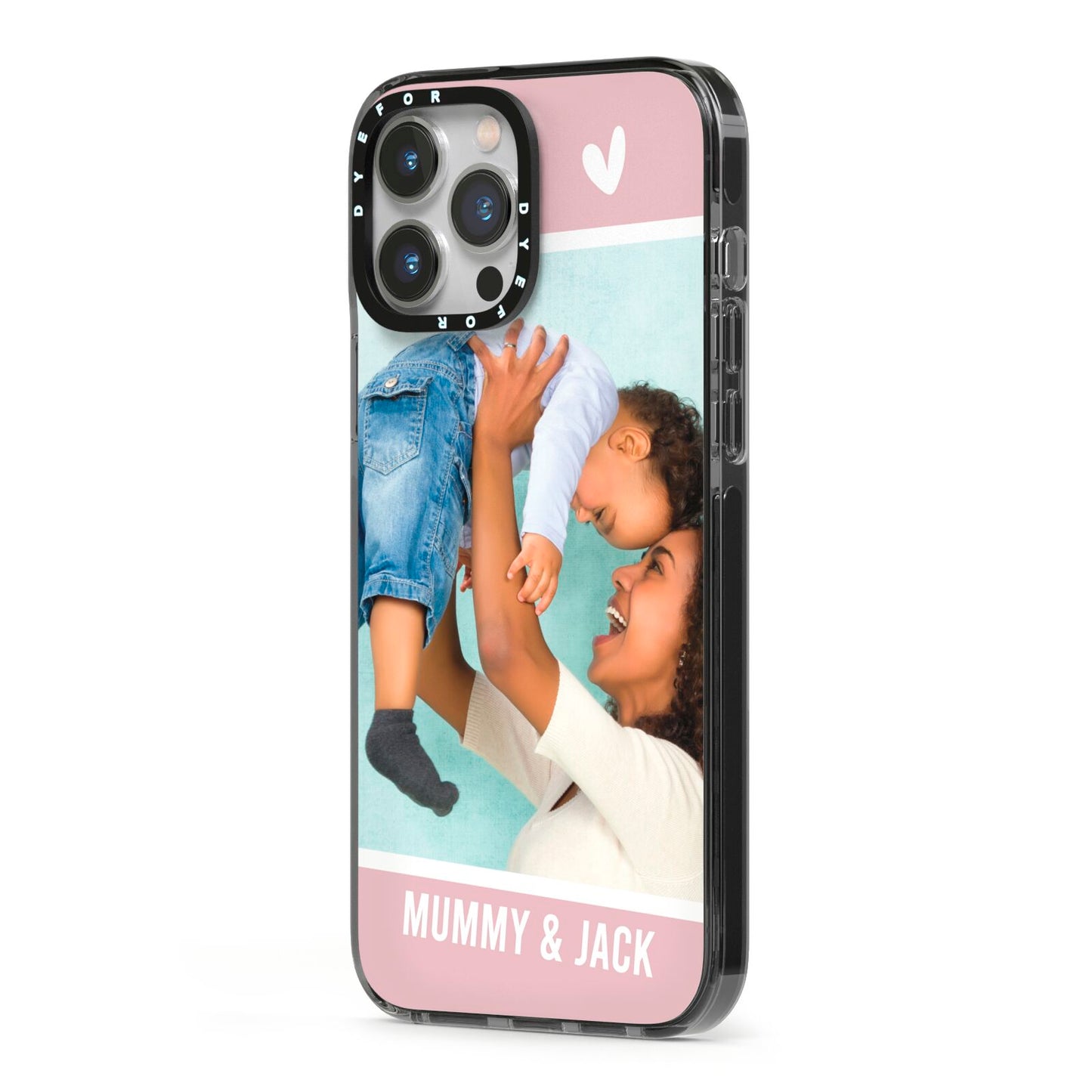 Personalised Photo Mummy and Child iPhone 13 Pro Max Black Impact Case Side Angle on Silver phone