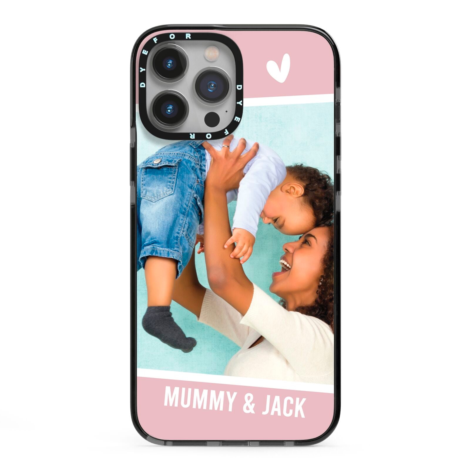 Personalised Photo Mummy and Child iPhone 13 Pro Max Black Impact Case on Silver phone