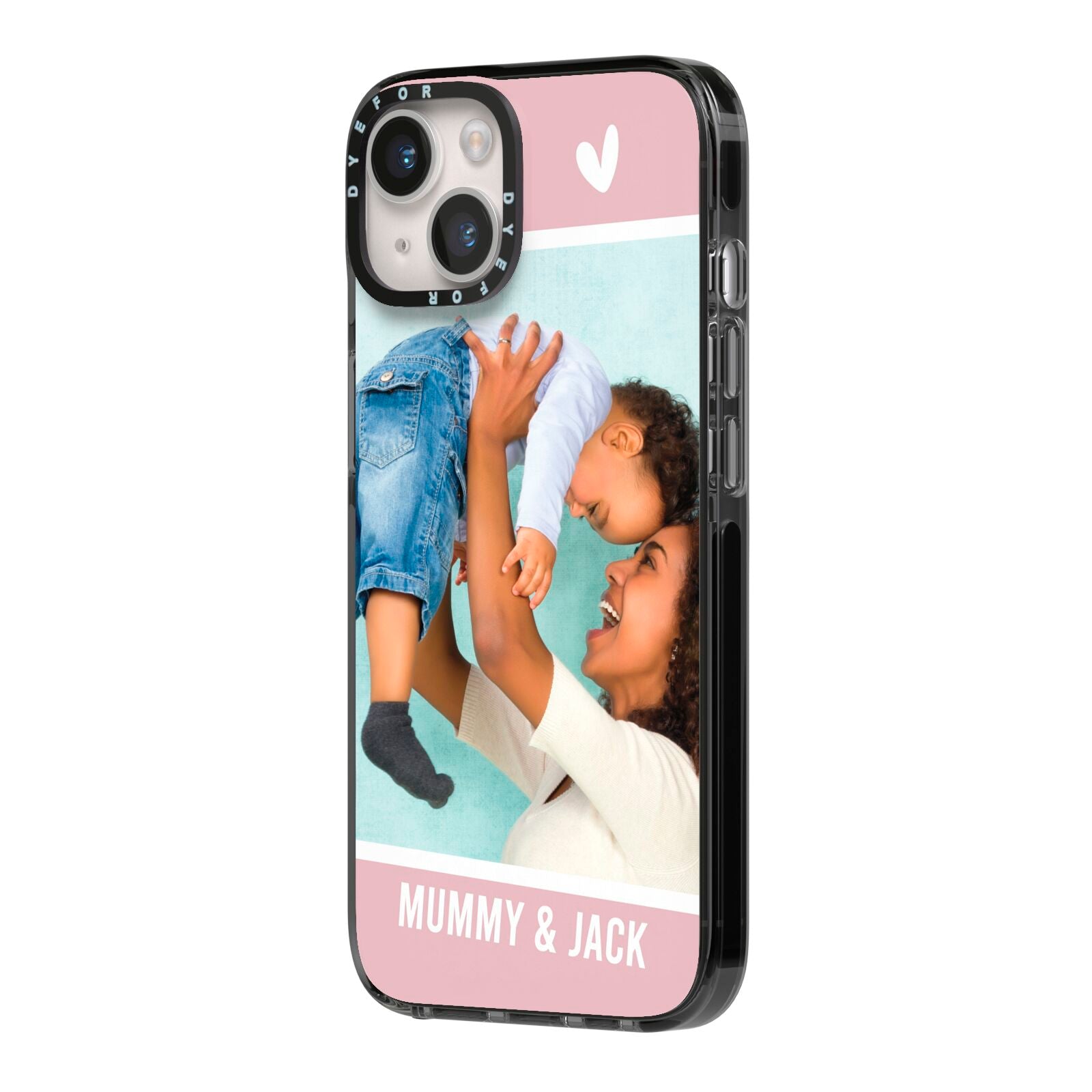 Personalised Photo Mummy and Child iPhone 14 Black Impact Case Side Angle on Silver phone