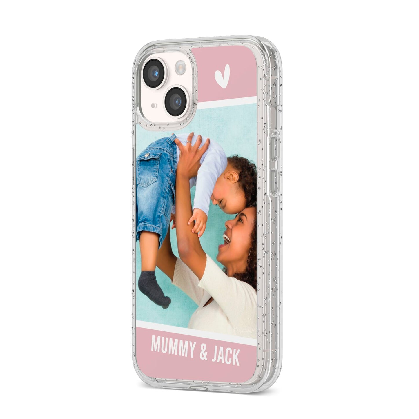 Personalised Photo Mummy and Child iPhone 14 Glitter Tough Case Starlight Angled Image