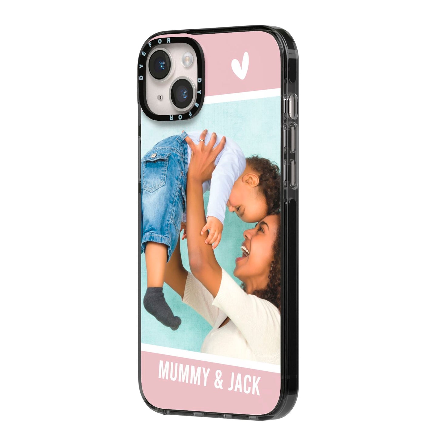 Personalised Photo Mummy and Child iPhone 14 Plus Black Impact Case Side Angle on Silver phone