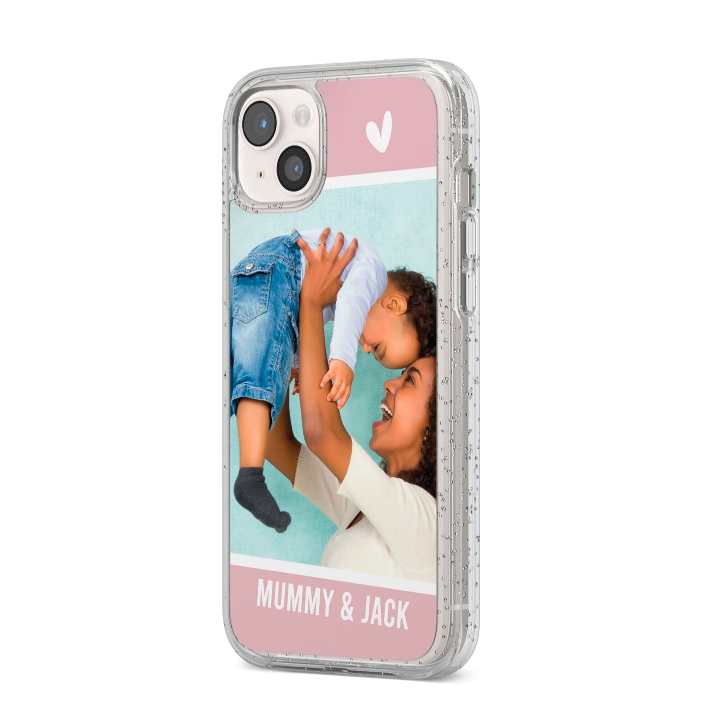 Personalised Photo Mummy and Child iPhone 14 Plus Glitter Tough Case Starlight Angled Image