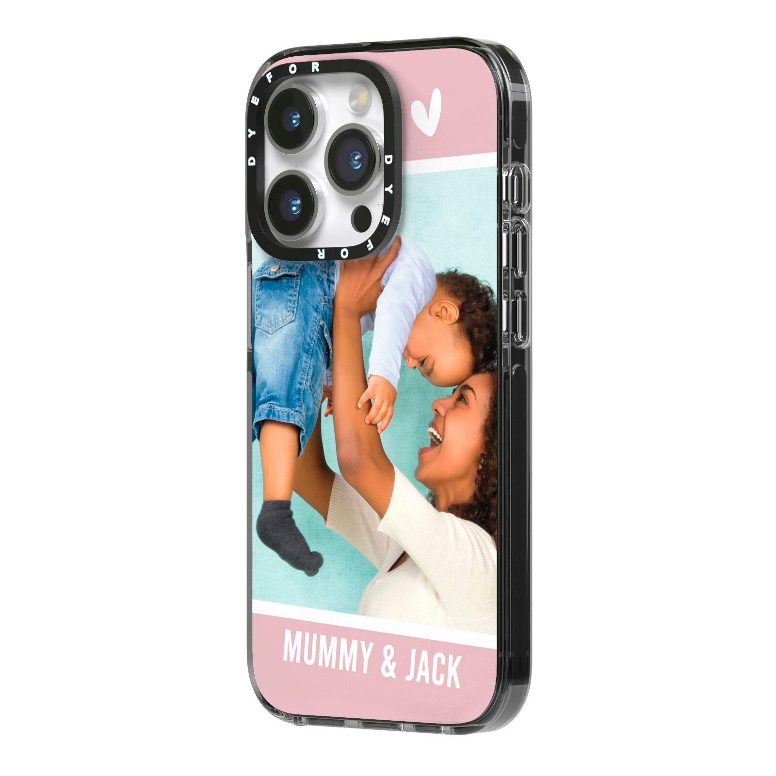 Personalised Photo Mummy and Child iPhone 14 Pro Black Impact Case Side Angle on Silver phone
