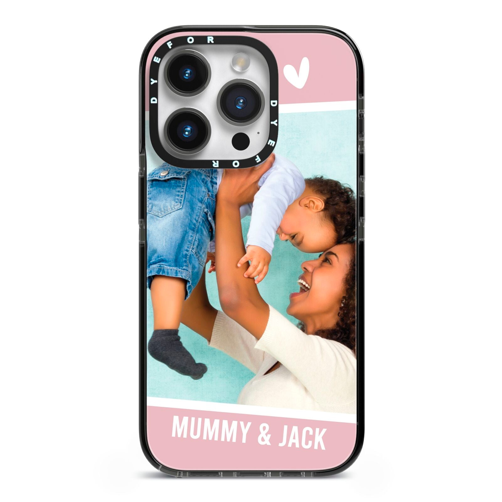 Personalised Photo Mummy and Child iPhone 14 Pro Black Impact Case on Silver phone