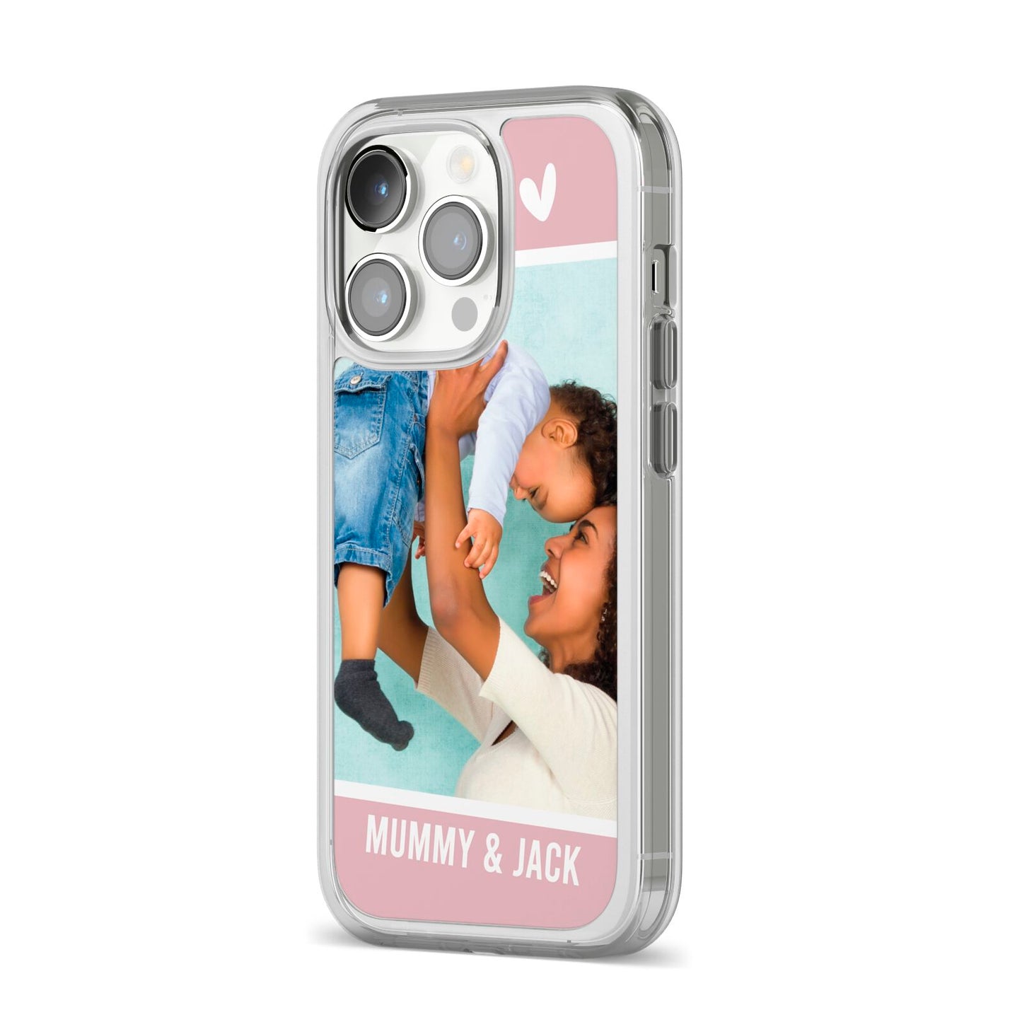 Personalised Photo Mummy and Child iPhone 14 Pro Clear Tough Case Silver Angled Image
