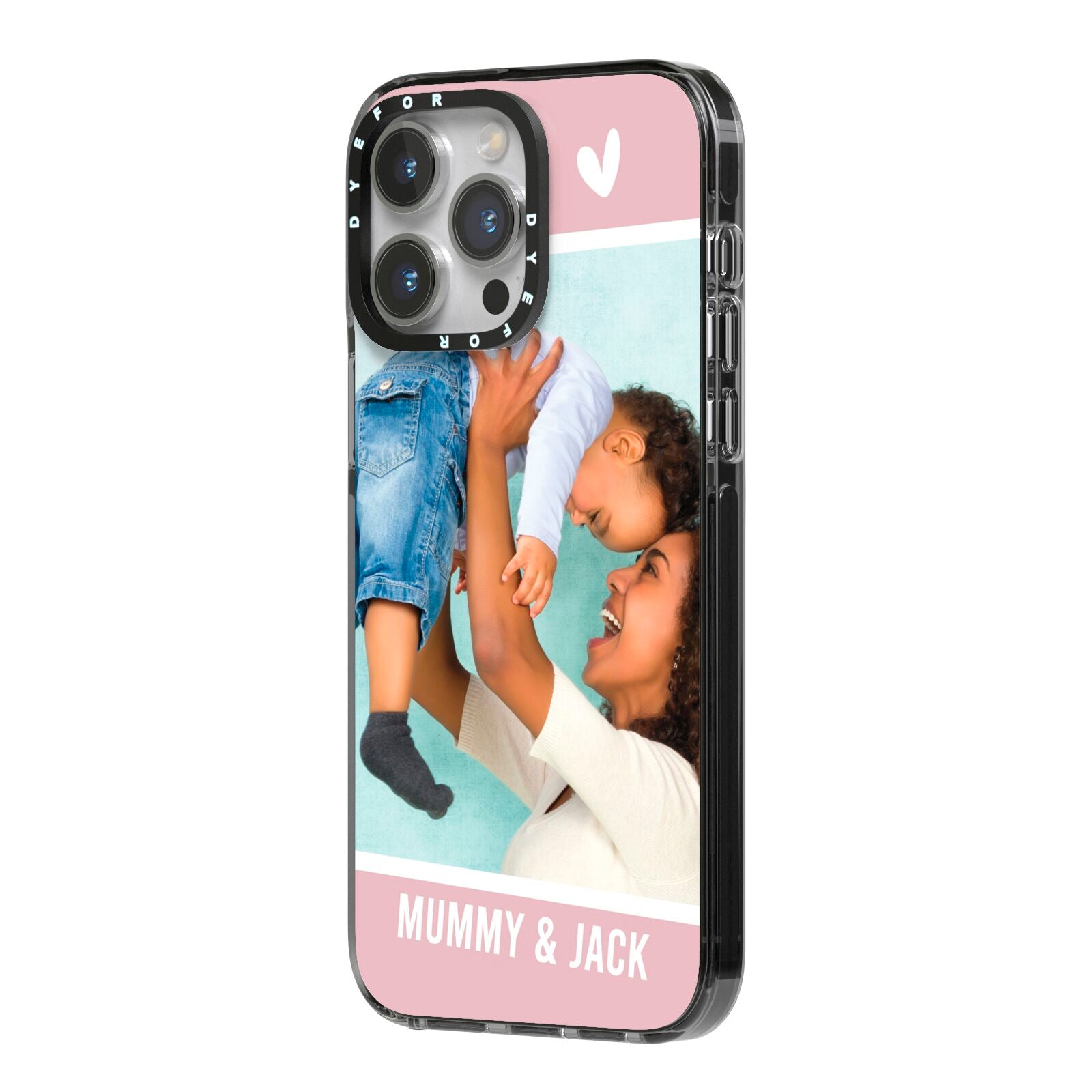 Personalised Photo Mummy and Child iPhone 14 Pro Max Black Impact Case Side Angle on Silver phone