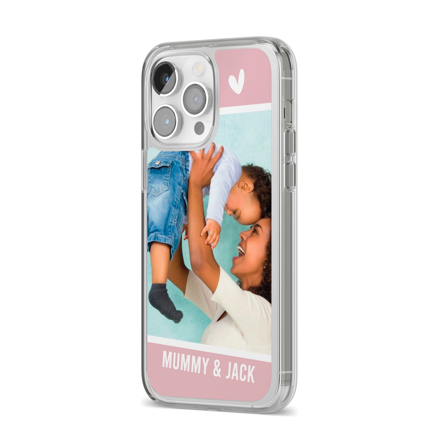 Personalised Photo Mummy and Child iPhone 14 Pro Max Clear Tough Case Silver Angled Image