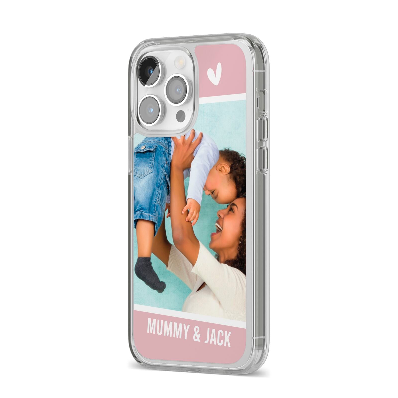 Personalised Photo Mummy and Child iPhone 14 Pro Max Clear Tough Case Silver Angled Image