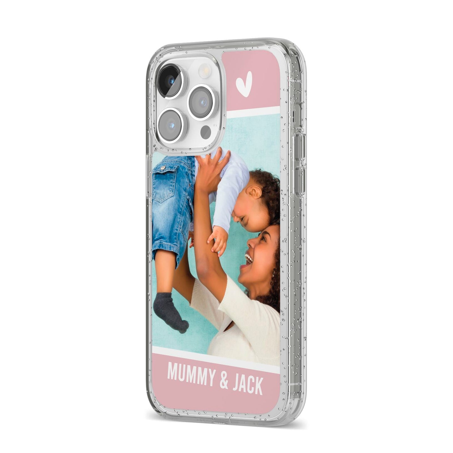 Personalised Photo Mummy and Child iPhone 14 Pro Max Glitter Tough Case Silver Angled Image