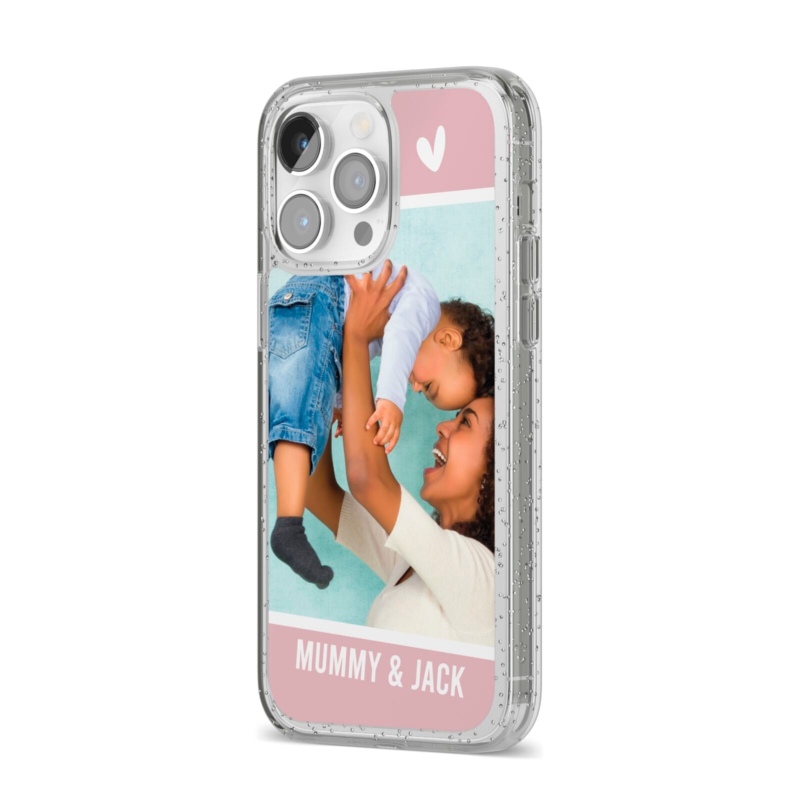 Personalised Photo Mummy and Child iPhone 14 Pro Max Glitter Tough Case Silver Angled Image