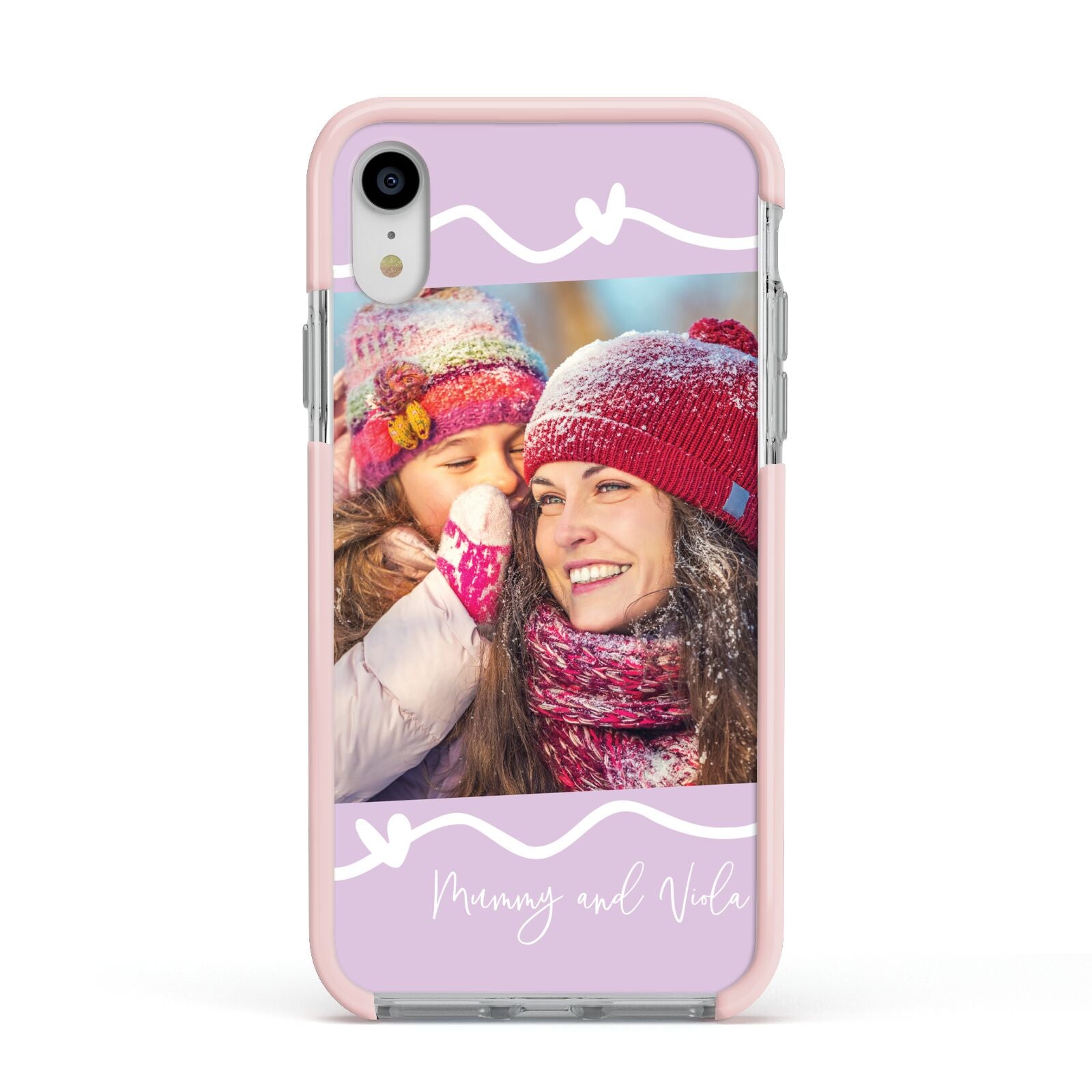 Personalised Photo Mummy and Name Apple iPhone XR Impact Case Pink Edge on Silver Phone