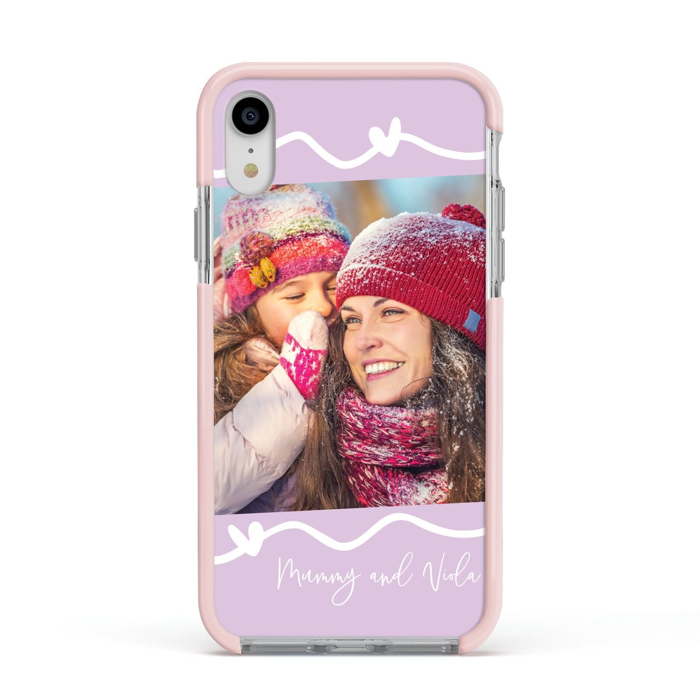 Personalised Photo Mummy and Name Apple iPhone XR Impact Case Pink Edge on Silver Phone