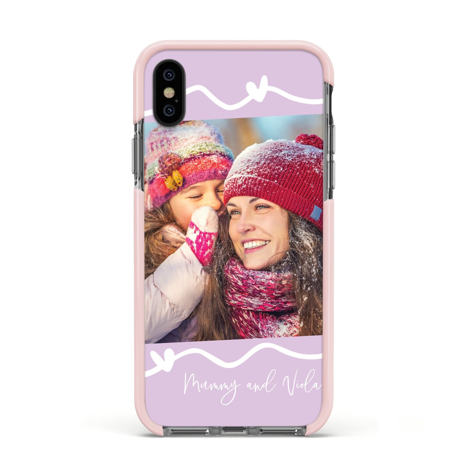 Personalised Photo Mummy and Name Apple iPhone Xs Impact Case Pink Edge on Black Phone