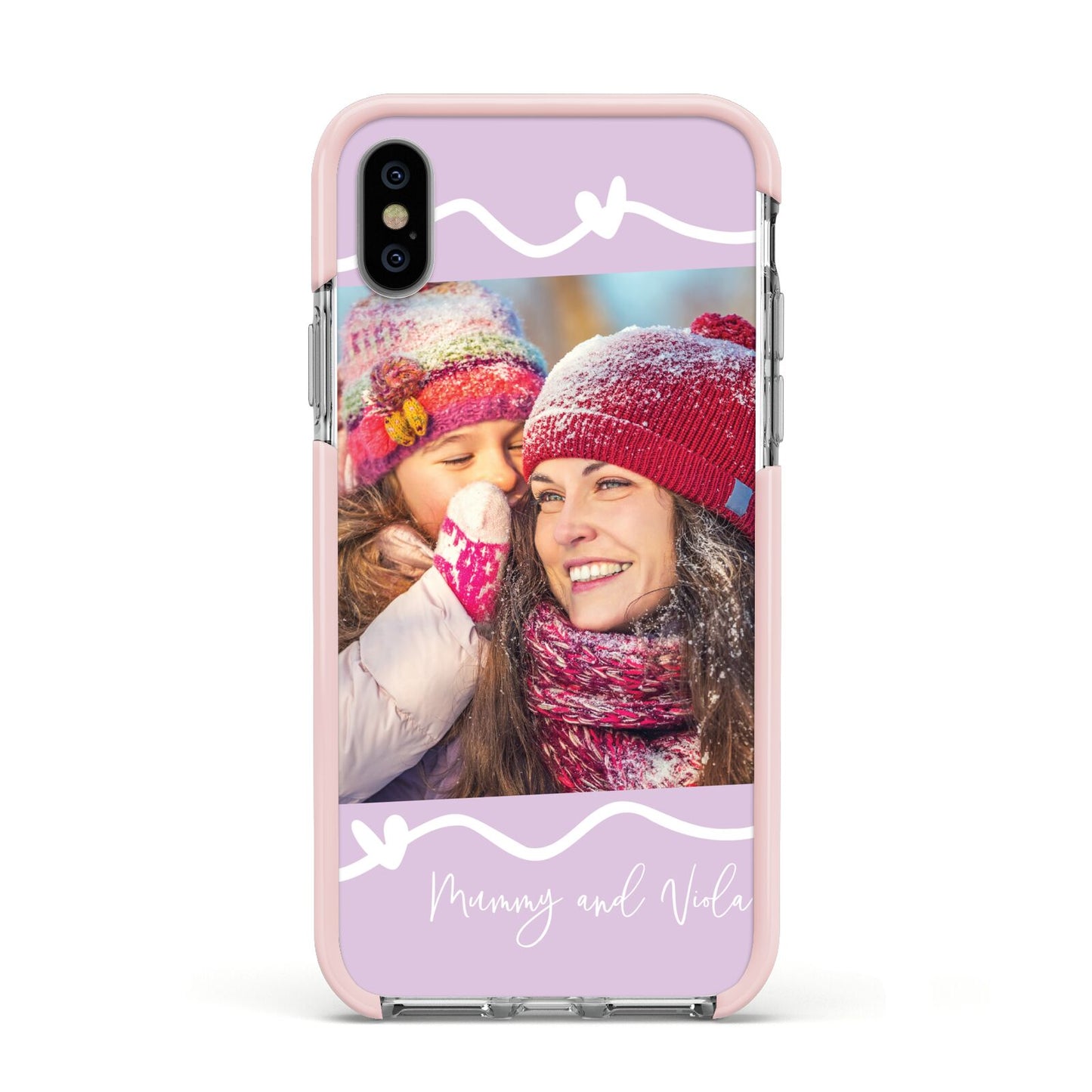 Personalised Photo Mummy and Name Apple iPhone Xs Impact Case Pink Edge on Silver Phone