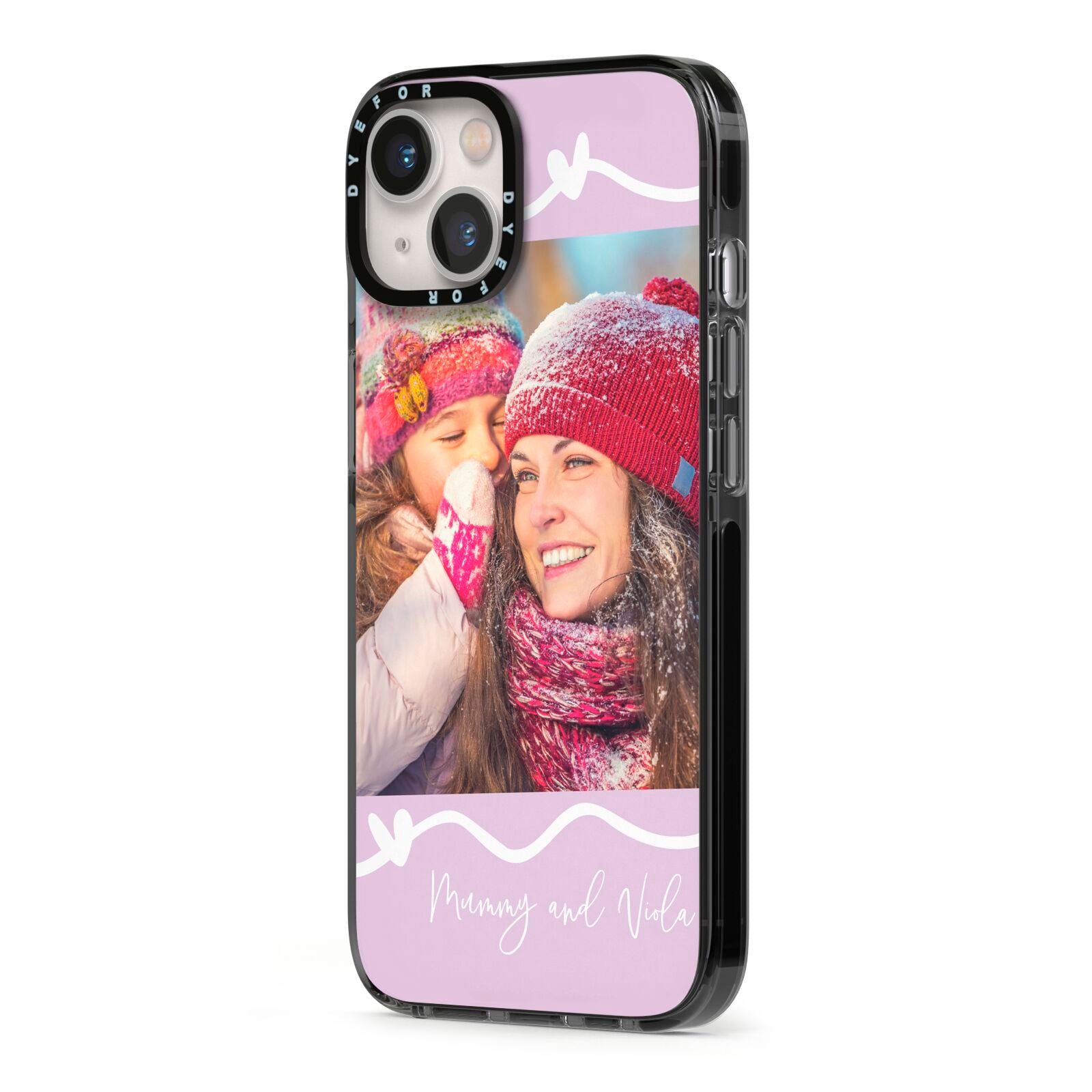 Personalised Photo Mummy and Name iPhone 13 Black Impact Case Side Angle on Silver phone
