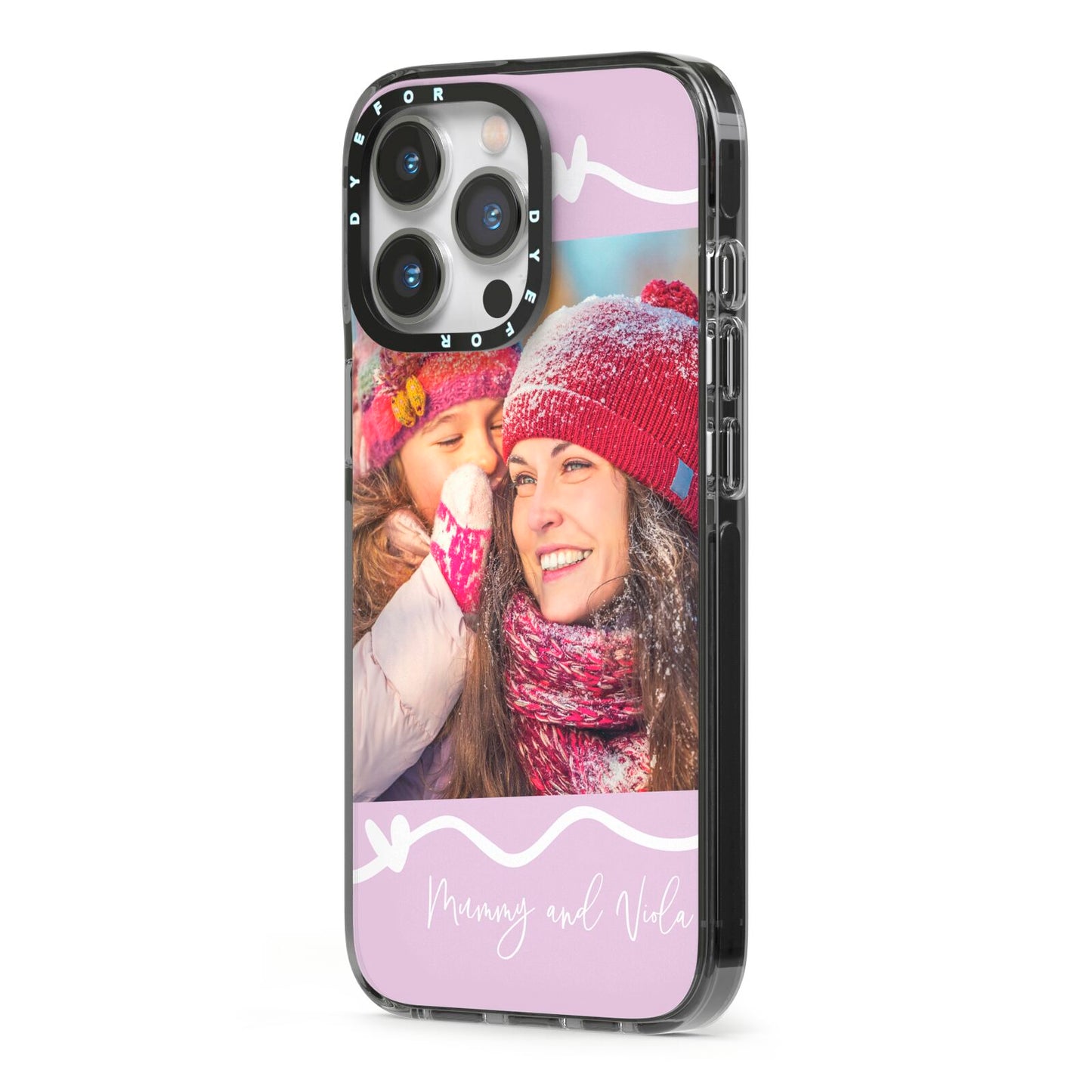 Personalised Photo Mummy and Name iPhone 13 Pro Black Impact Case Side Angle on Silver phone