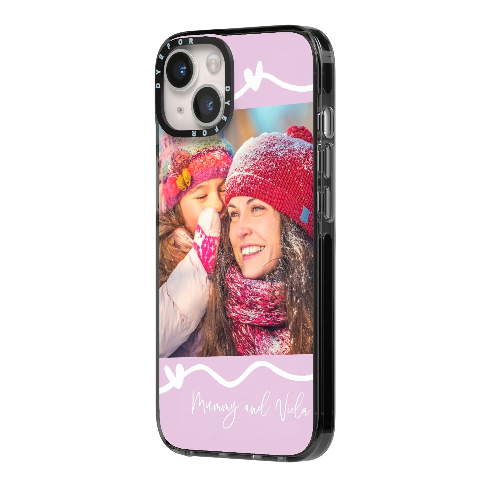 Personalised Photo Mummy and Name iPhone 14 Black Impact Case Side Angle on Silver phone