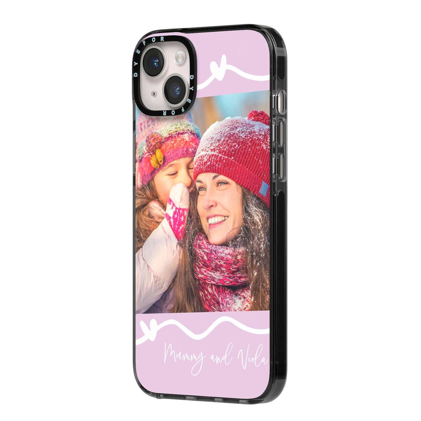 Personalised Photo Mummy and Name iPhone 14 Plus Black Impact Case Side Angle on Silver phone