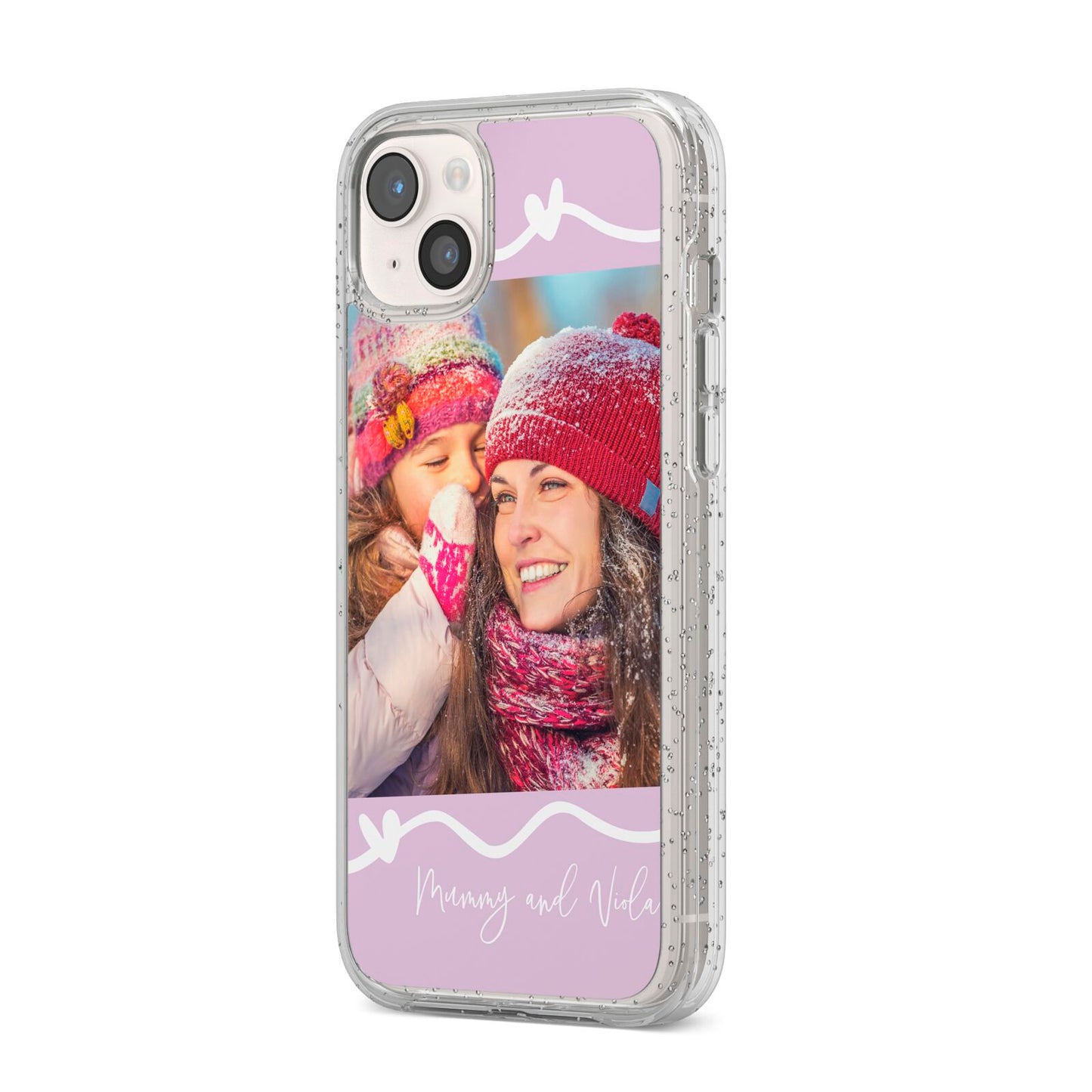 Personalised Photo Mummy and Name iPhone 14 Plus Glitter Tough Case Starlight Angled Image
