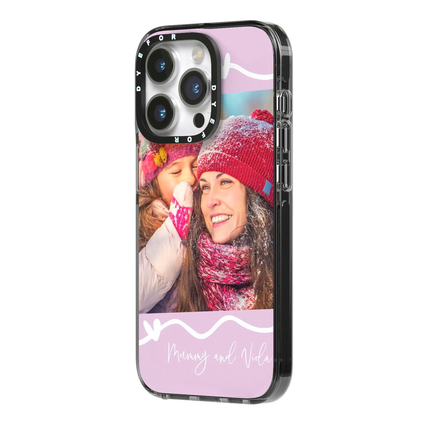 Personalised Photo Mummy and Name iPhone 14 Pro Black Impact Case Side Angle on Silver phone