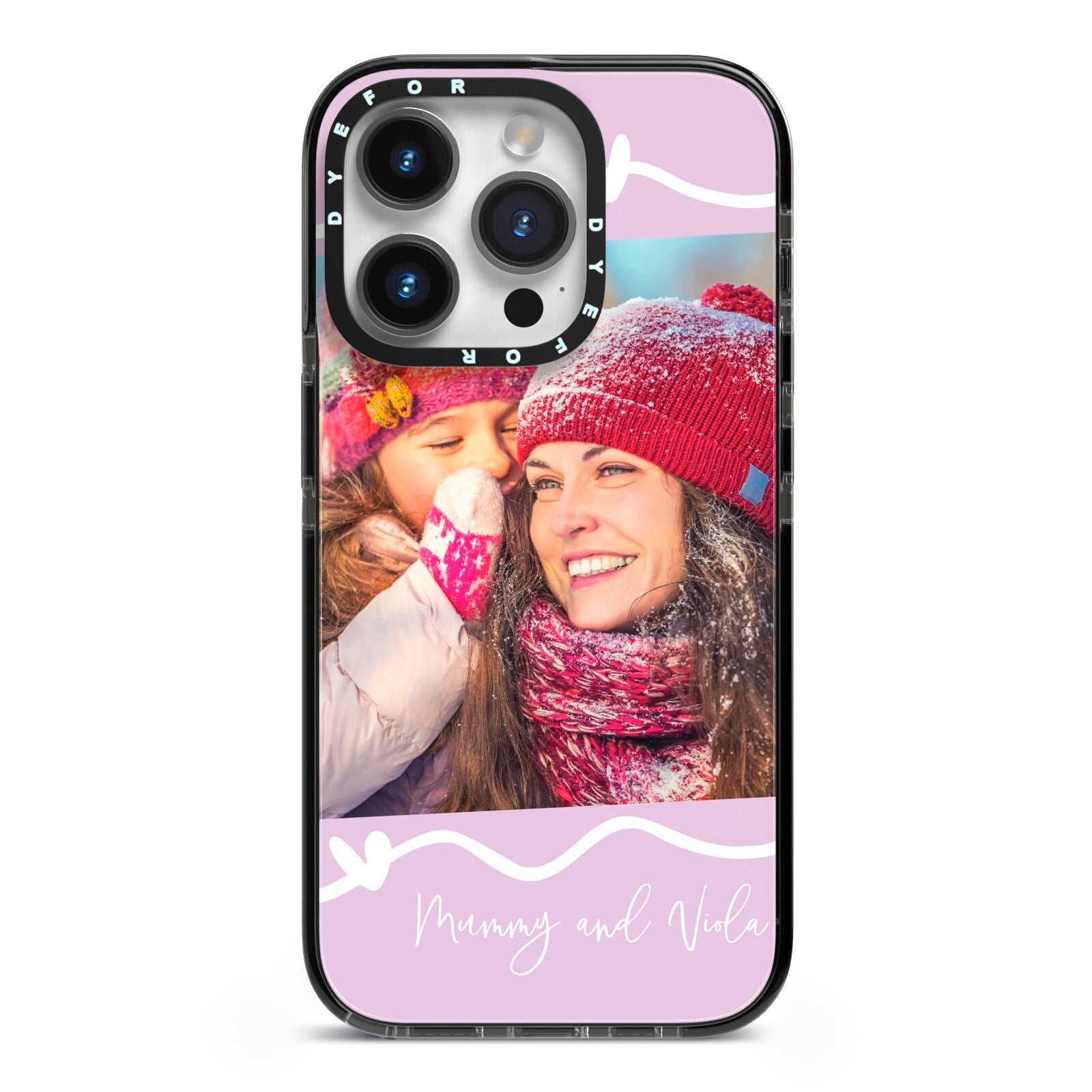 Personalised Photo Mummy and Name iPhone 14 Pro Black Impact Case on Silver phone
