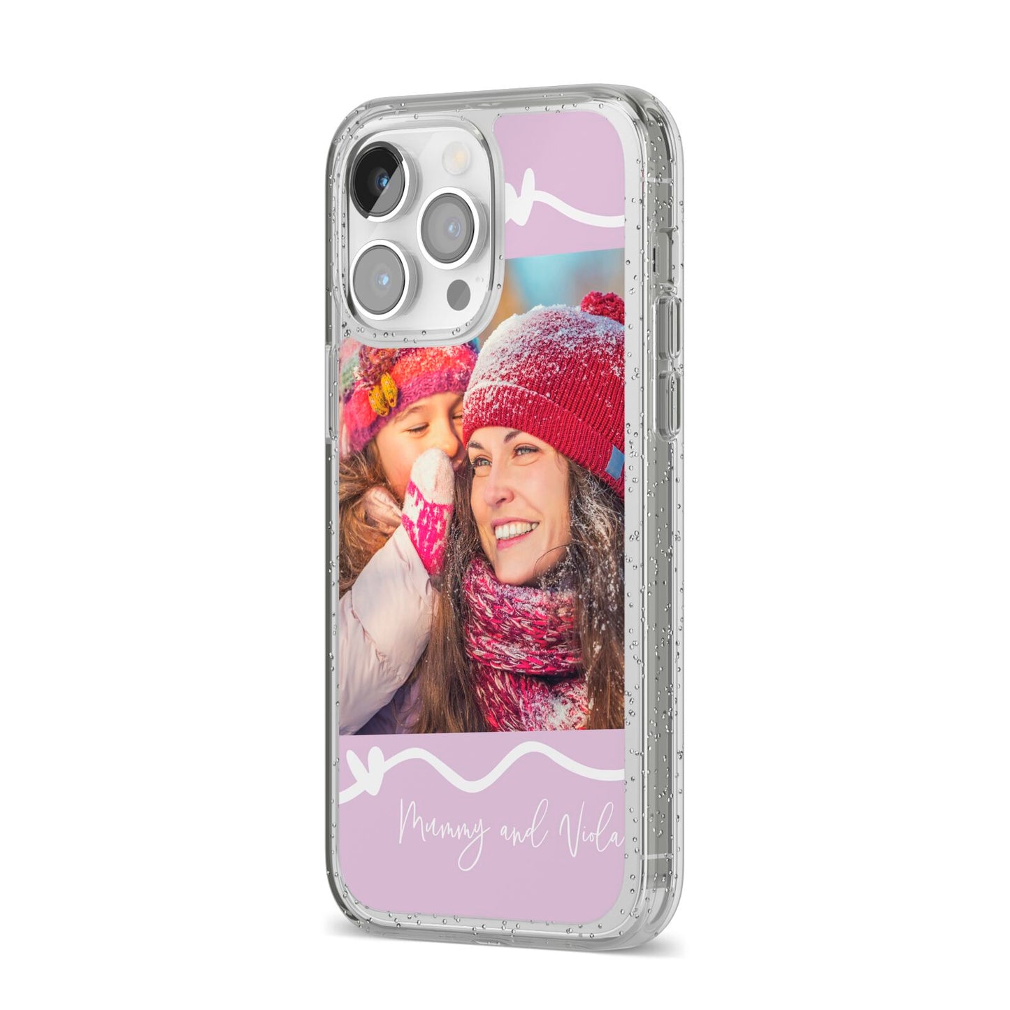 Personalised Photo Mummy and Name iPhone 14 Pro Max Glitter Tough Case Silver Angled Image