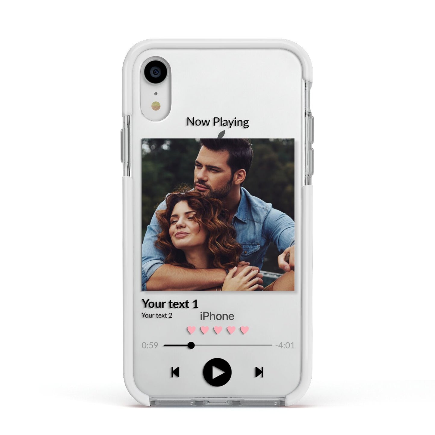Personalised Photo Music Apple iPhone XR Impact Case White Edge on Silver Phone