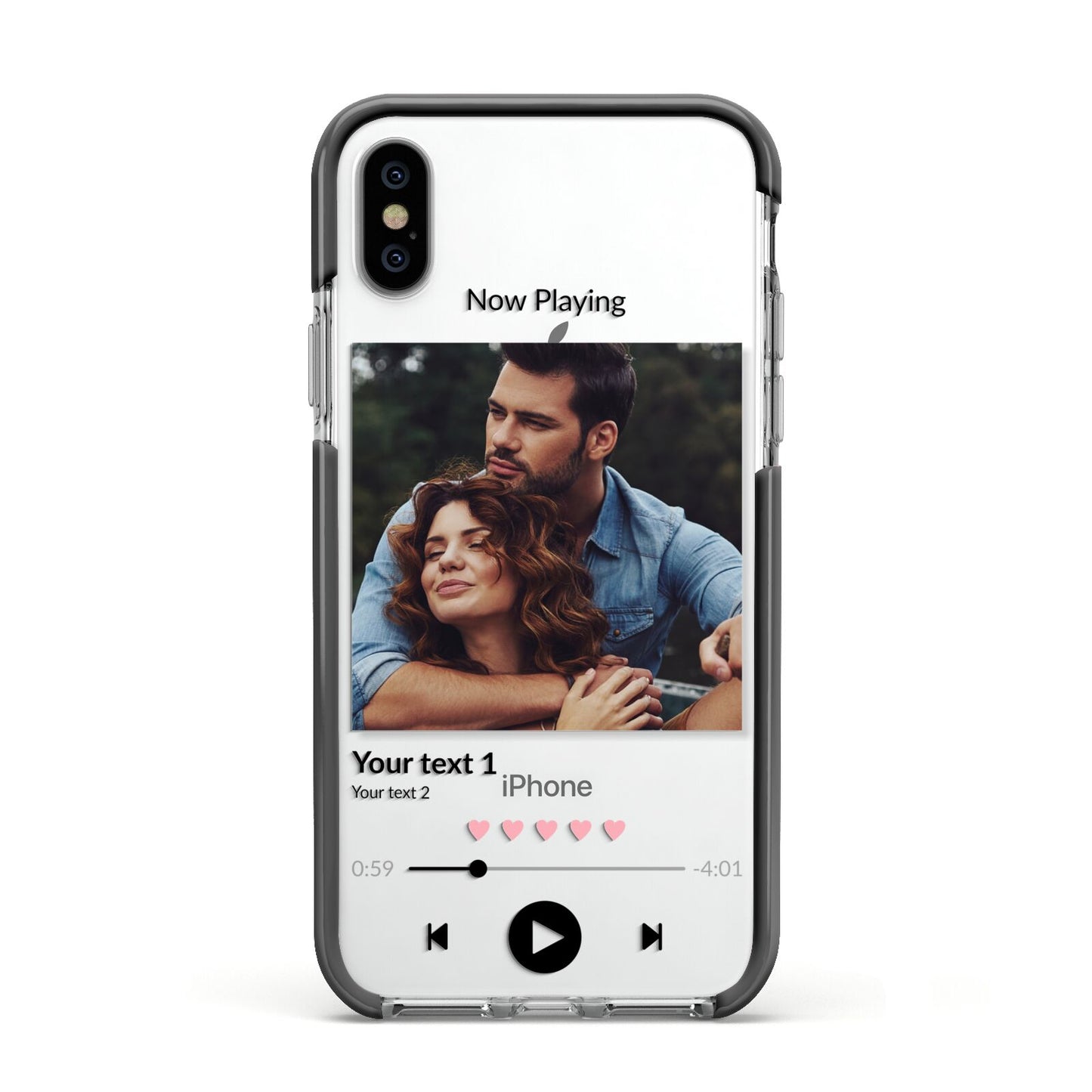 Personalised Photo Music Apple iPhone Xs Impact Case Black Edge on Silver Phone