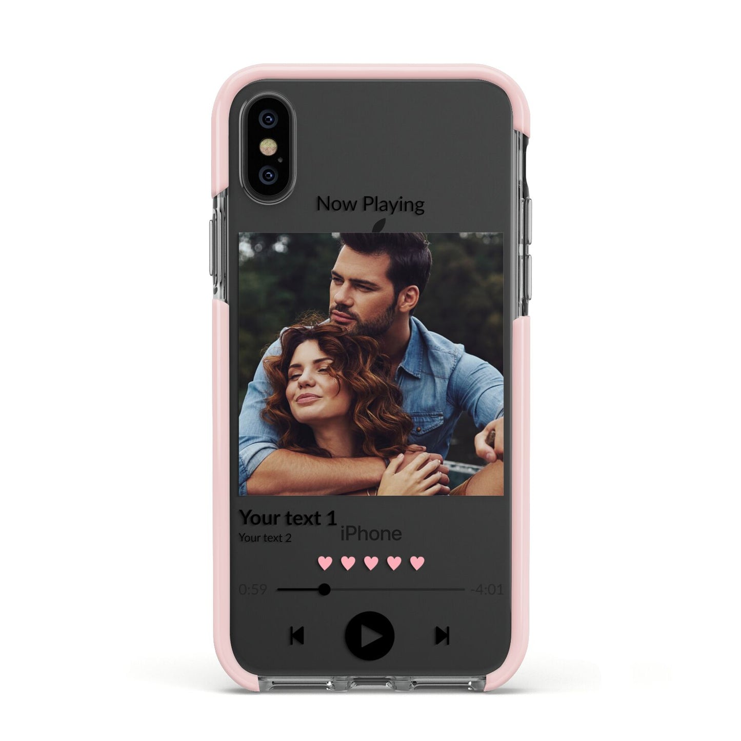 Personalised Photo Music Apple iPhone Xs Impact Case Pink Edge on Black Phone
