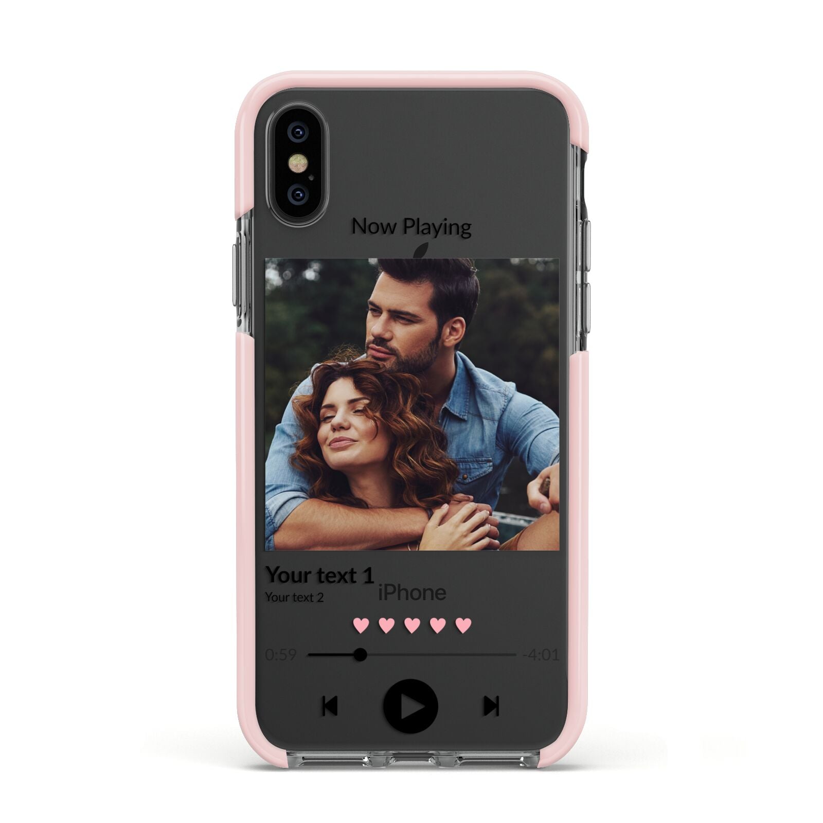Personalised Photo Music Apple iPhone Xs Impact Case Pink Edge on Black Phone
