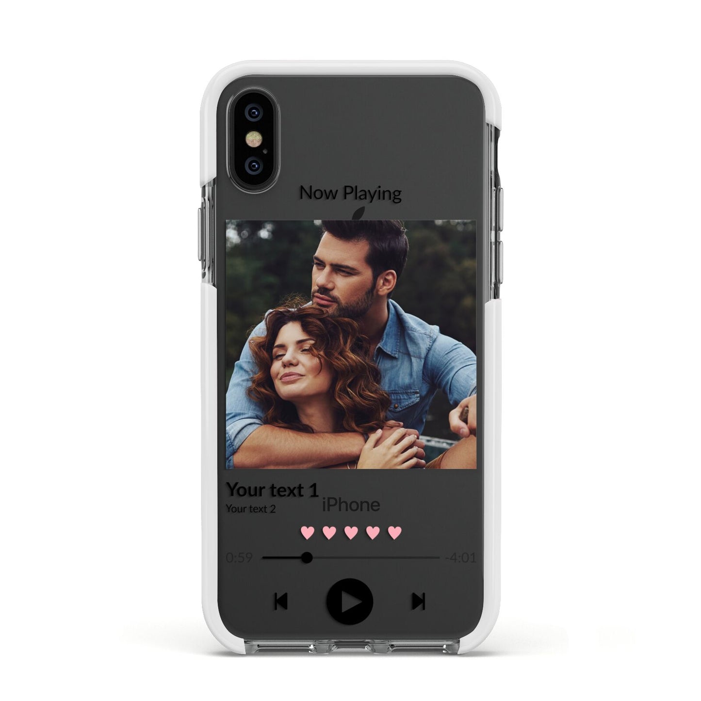 Personalised Photo Music Apple iPhone Xs Impact Case White Edge on Black Phone