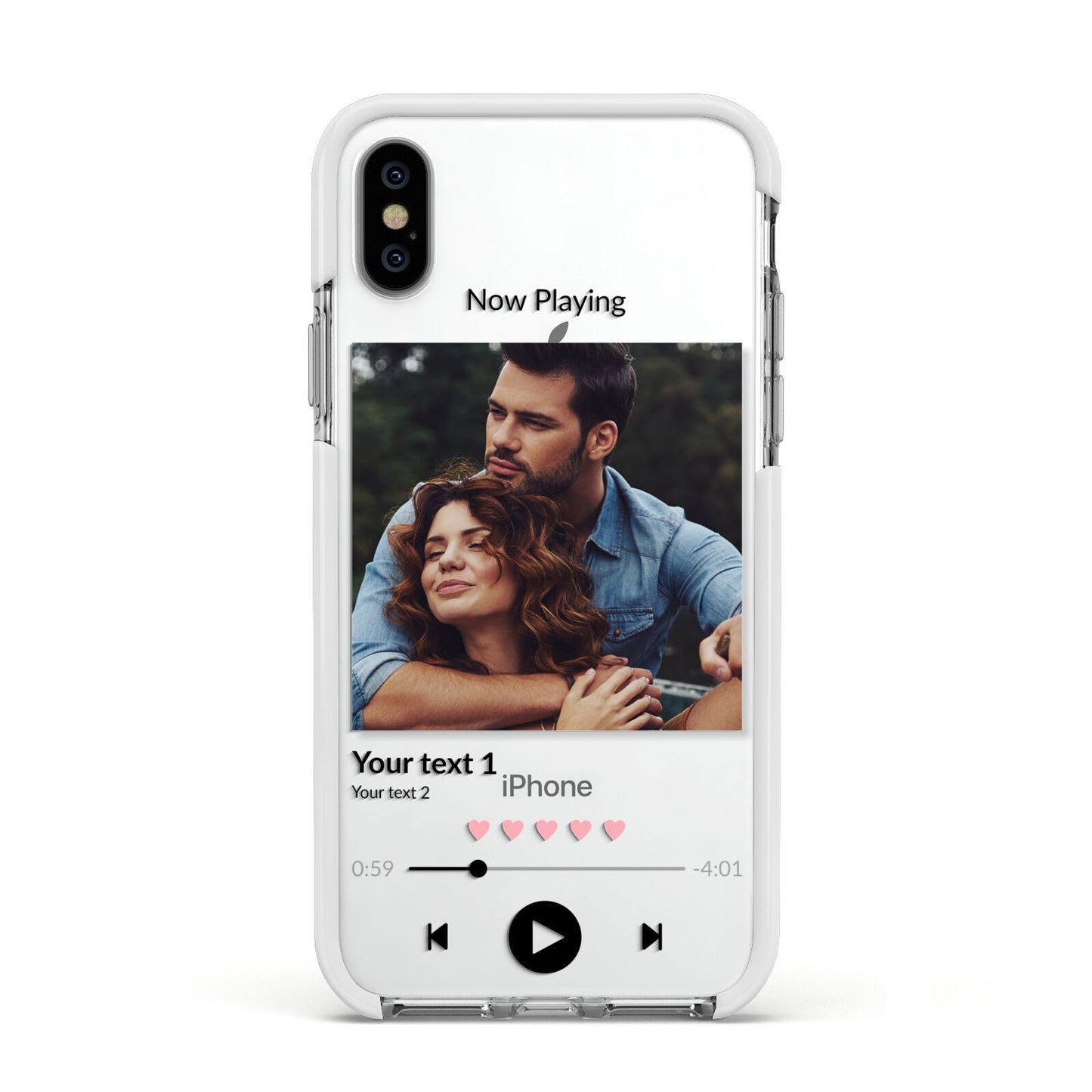 Personalised Photo Music Apple iPhone Xs Impact Case White Edge on Silver Phone