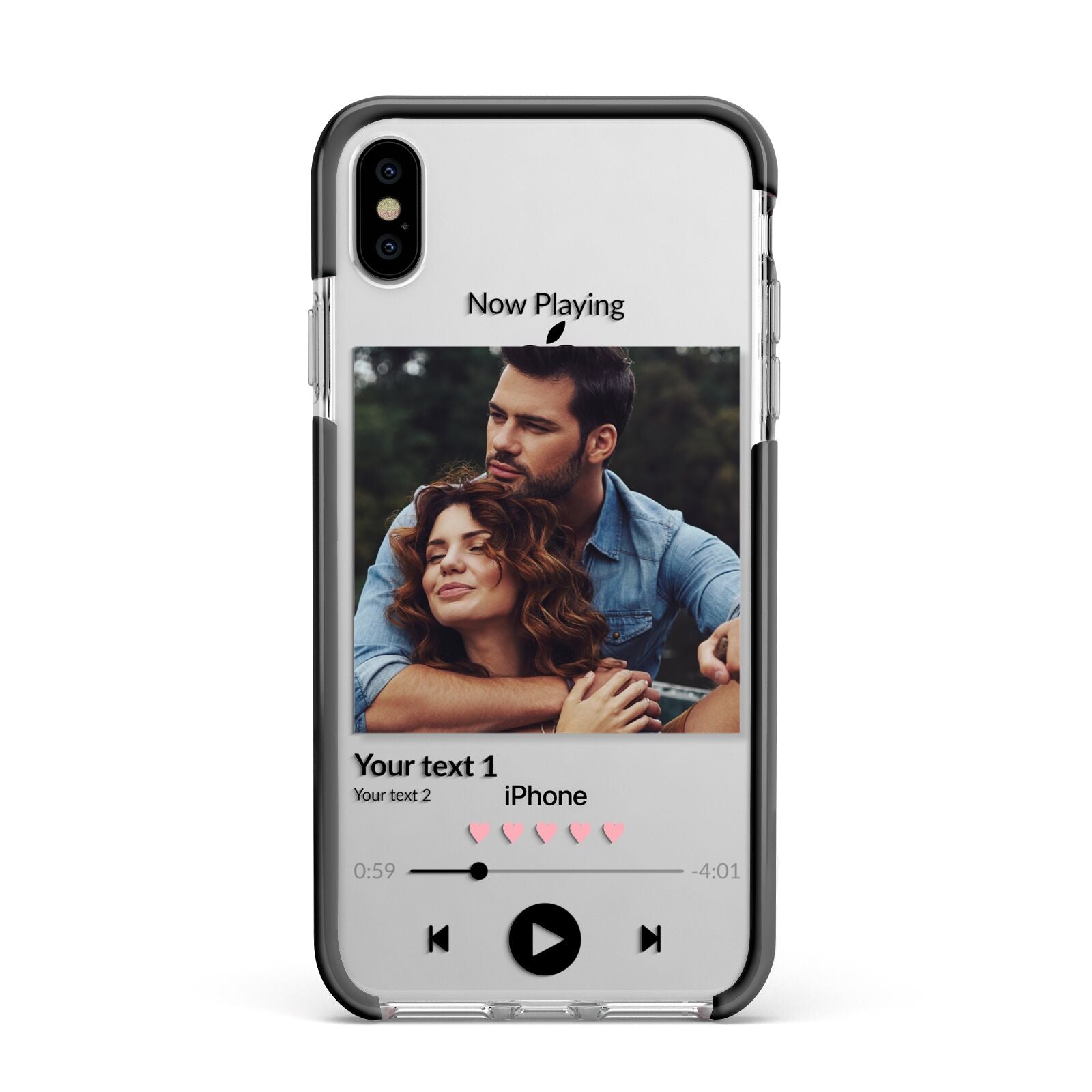 Personalised Photo Music Apple iPhone Xs Max Impact Case Black Edge on Silver Phone