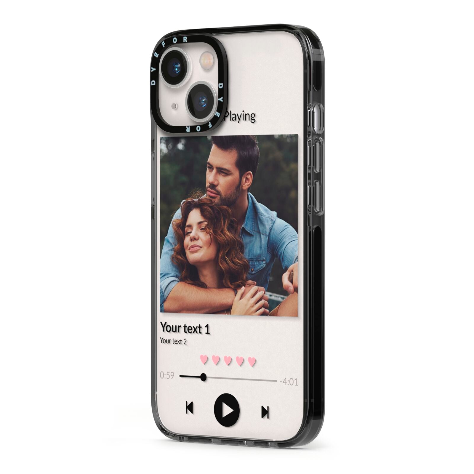 Personalised Photo Music iPhone 13 Black Impact Case Side Angle on Silver phone
