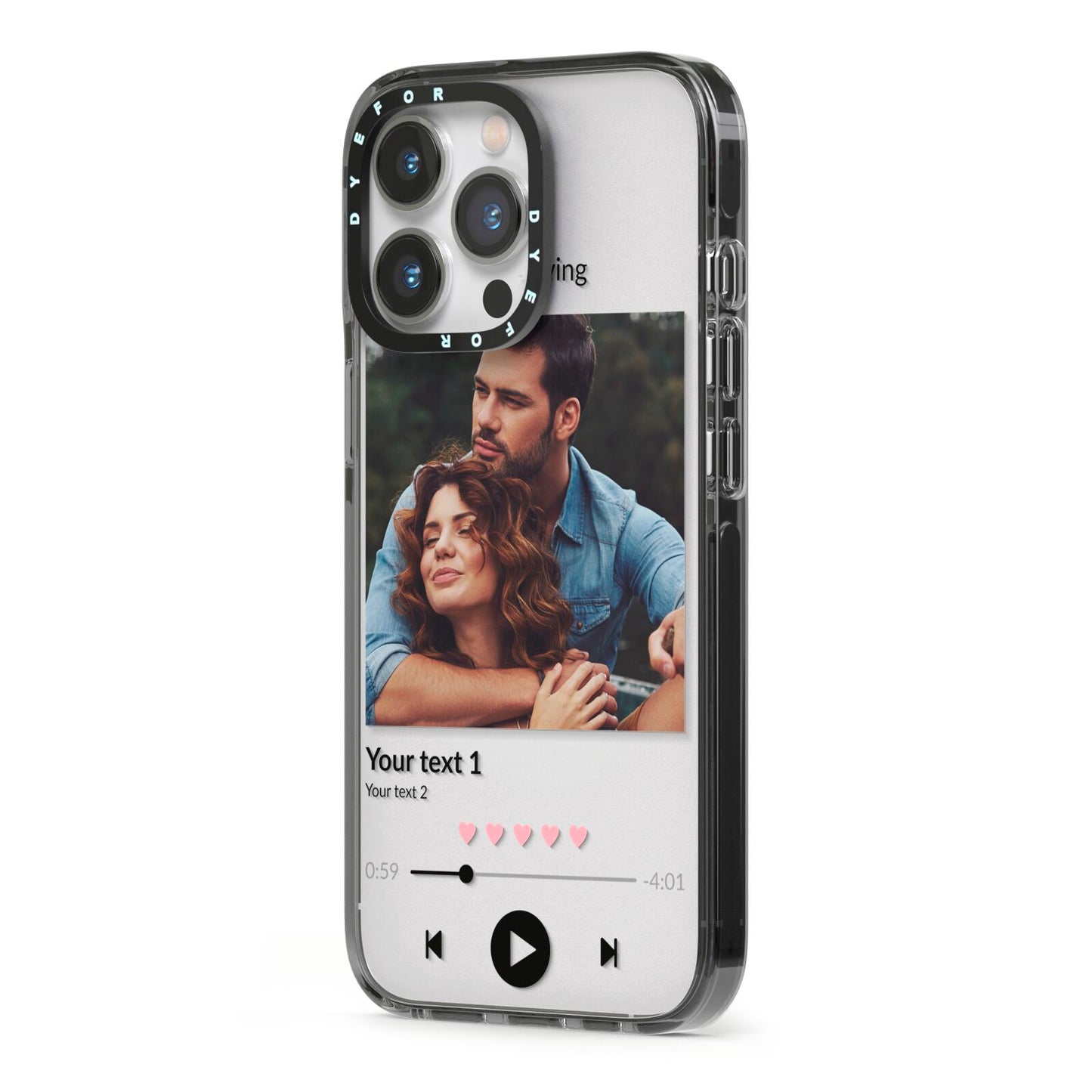 Personalised Photo Music iPhone 13 Pro Black Impact Case Side Angle on Silver phone