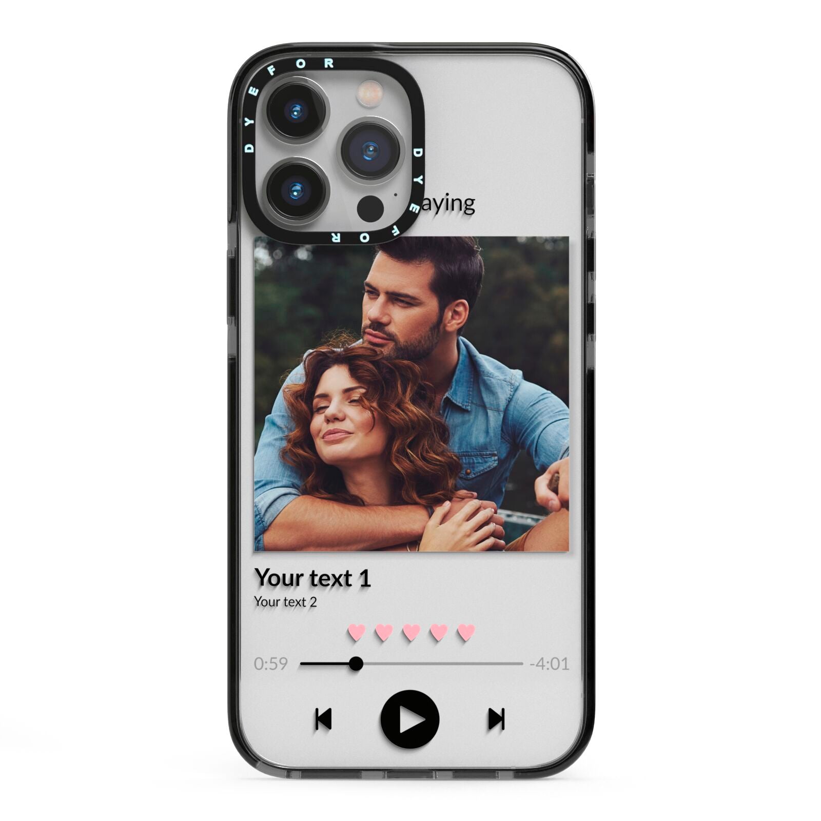 Personalised Photo Music iPhone 13 Pro Max Black Impact Case on Silver phone