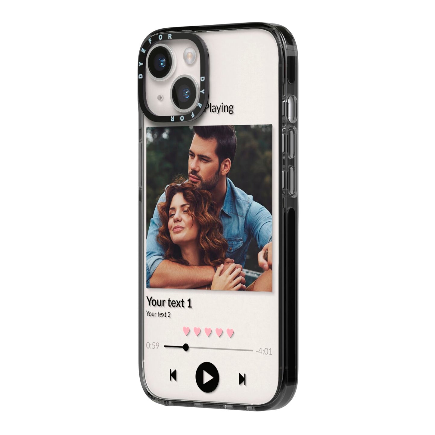 Personalised Photo Music iPhone 14 Black Impact Case Side Angle on Silver phone