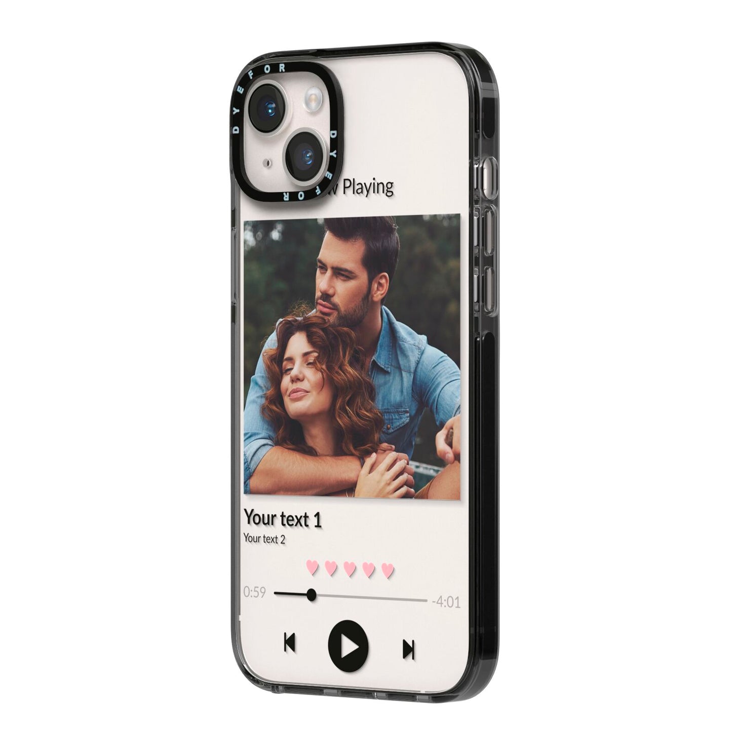 Personalised Photo Music iPhone 14 Plus Black Impact Case Side Angle on Silver phone